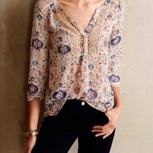 Maeve Anthropologie Viola Crochet Neck Floral Blouse Sz 8